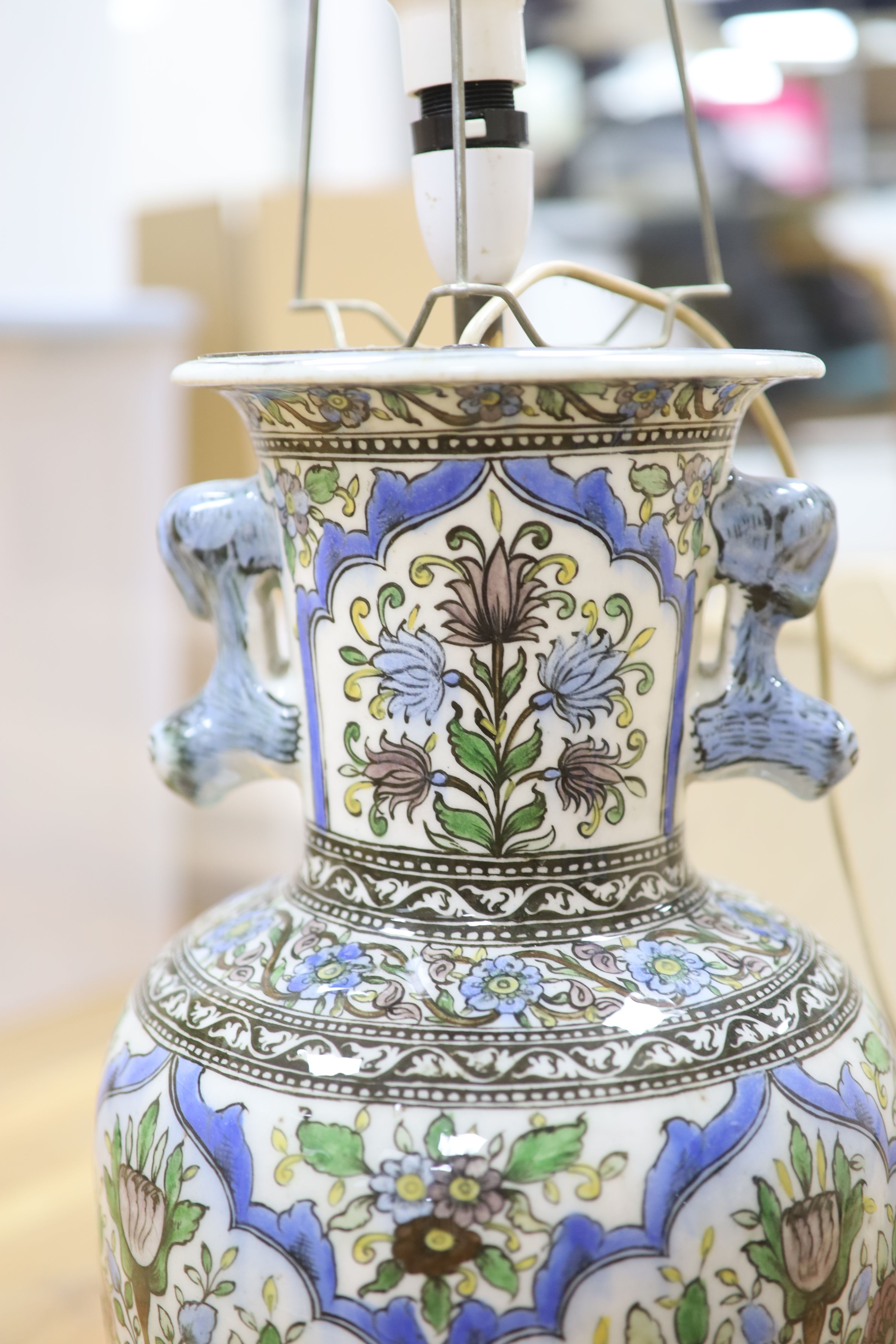 A pair of modern Persian-style pottery vases, fitted as table lamps, height 50cm